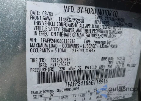 2006 Ford Five Hundred Sel z USA, uszkodzony, nr VIN 1FAFP24106G118916